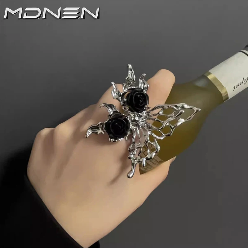 

2024 New Black Rose Butterfly Ring Neo-Gothic Style For Women Jewelry Party Gifts