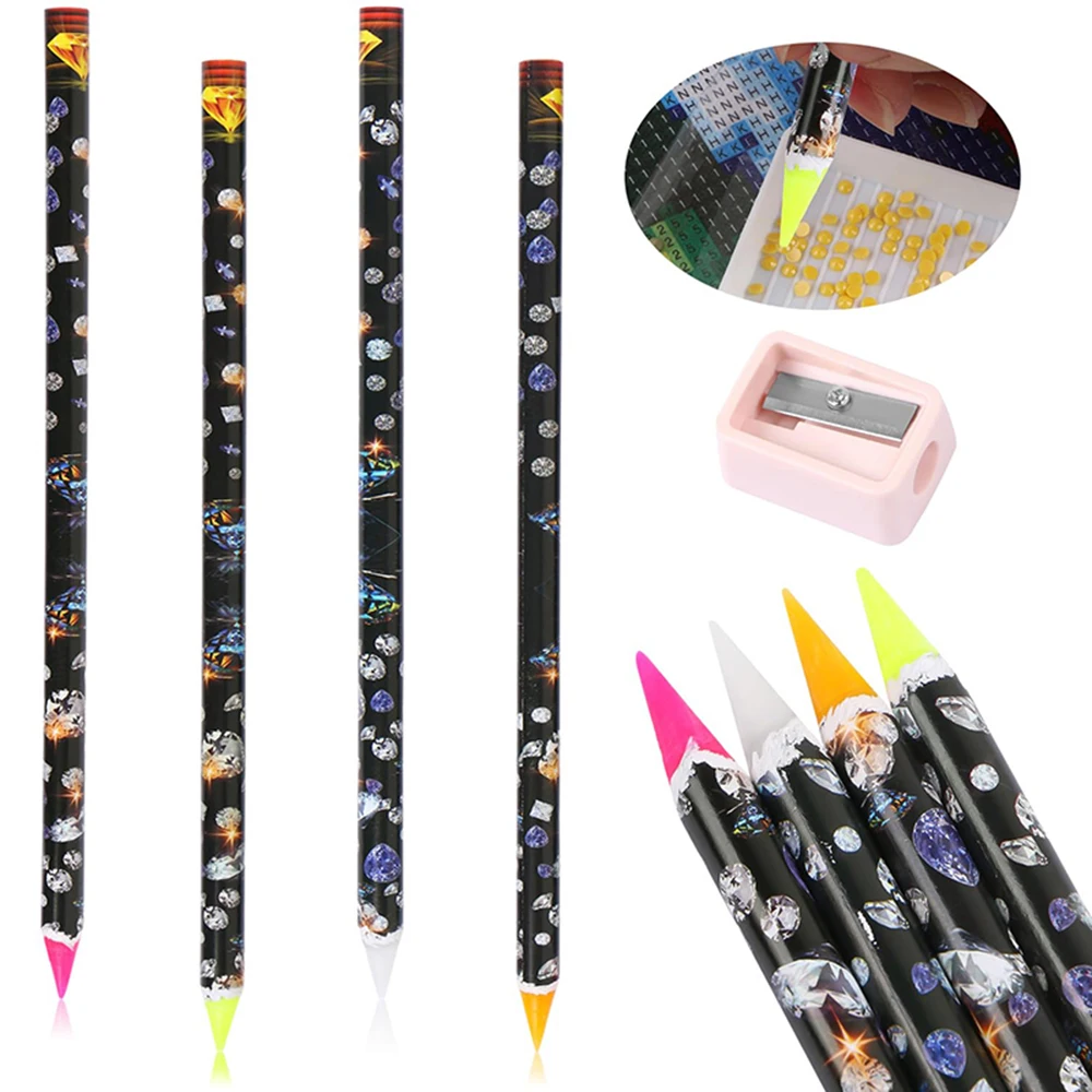 

4pcs Diamond Art Pen Rhinestone Picker Nail Point Drill Pen Self Adhesive Dotting Wax Pen Gem Pick up Tool with Pencil Sharpener