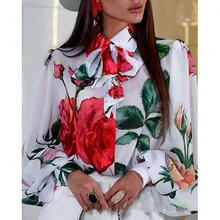 

Women's Blouse Elegant Floral Print Bow Tie Shirt Lapel Cardigan Long Sleeves Autumn Spring New Fashion 2022 Ladies Top Female