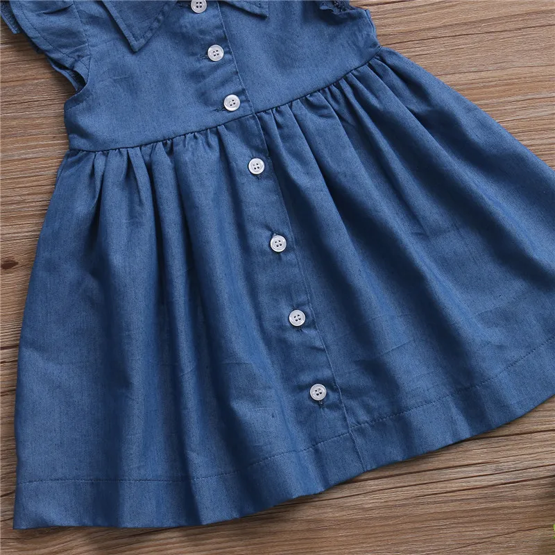 1-7years Baby Girls Sleeveless Denim Dress Ruffle Sleeve Button
