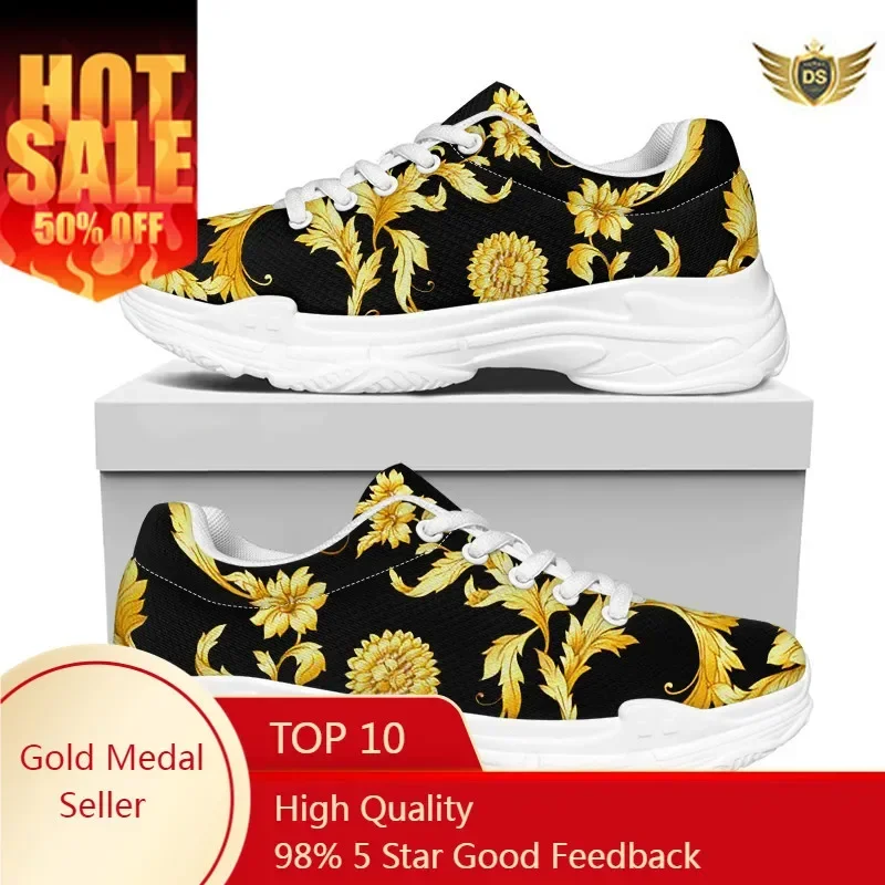 Retro Golden Floral Women Mesh Shoes Casual Sneakers Female Lace Up Outdoor Increasing Platform Dropshipping