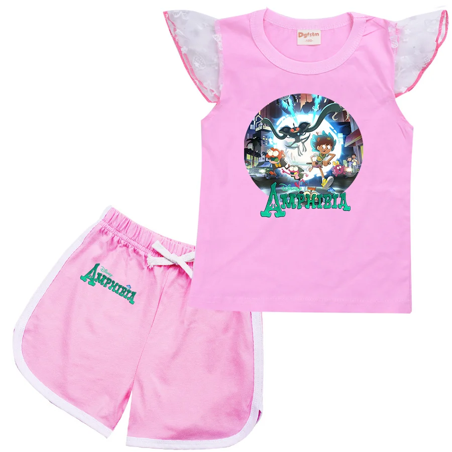 

Disney Amphibia Cartoon Clothing Baby Boys Summer Clothes T-shirt+shorts Baby Girls Casual Clothing Sets