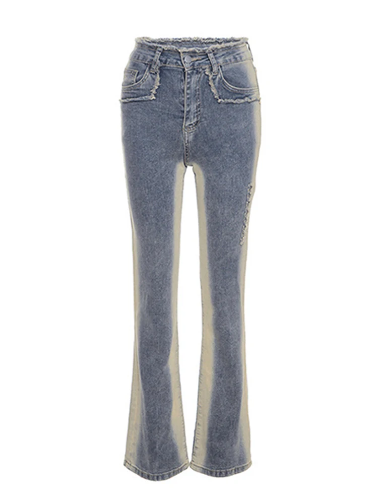 

Women Retro Wash Gradient High Waist Bell Bottom 2023 New Tassel American Style Vintage Female Denim Flare Pants Streetwear Chic