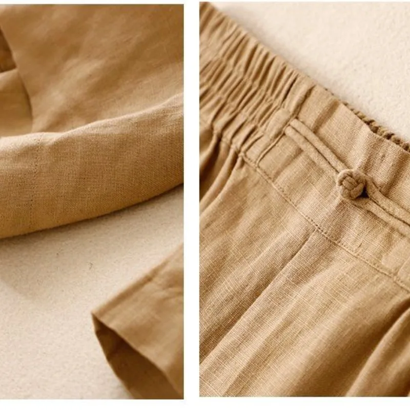 New Chinese Style Buttoned Cotton and Linen Wide Leg Women's 2024 Summer New Commuting 9-point Loose Fitting Straight Leg Pants