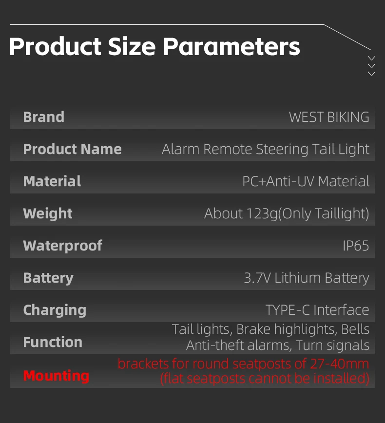 WEST BIKING Smart Alarm Taillight Remote Steering Tail Light IP65 Waterproof Type-C Charging Bike Taillight Alarm Bicycle Light