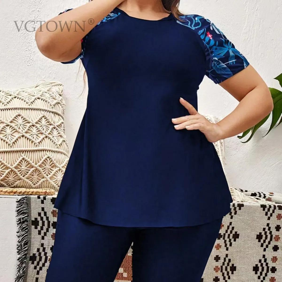 Tankini 0XL-4XL Plus Size Swimsuit European and American Printed One-piece PLUS Swimsuit Split Leg Pants