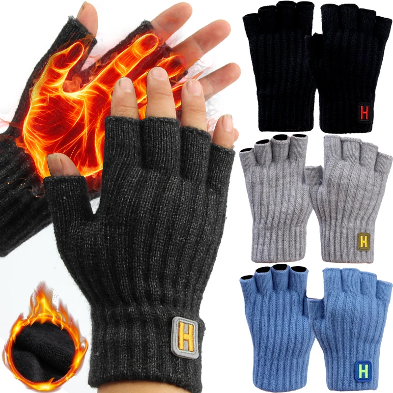 New Autumn And Winter Knitted Warm Half Finger H-label Gloves With Sliding Screen Fashion Men's Sports Mittens Warmth Cold-proof