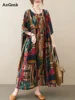 Short Sleeve Cotton Linen Vintage Print Summer Long Dresses For Women 2025 Casual Loose Holiday Ladies Dress Elegant Clothes