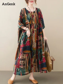 Abiti lunghi estivi da donna con stampa vintage in cotone e lino a maniche corte 2025 Abiti eleganti da donna casual larghi per le vacanze 1