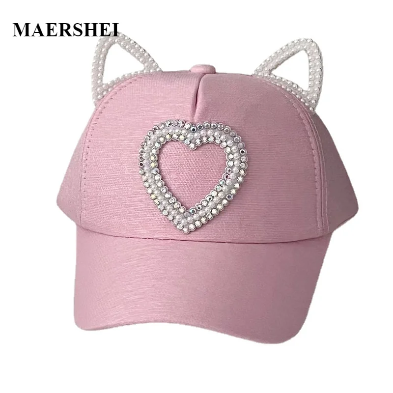 Baseball Cap Girls Sun Protection Caps Cat Ear Kids Baby Sun Hat Rhinestone Hearts
