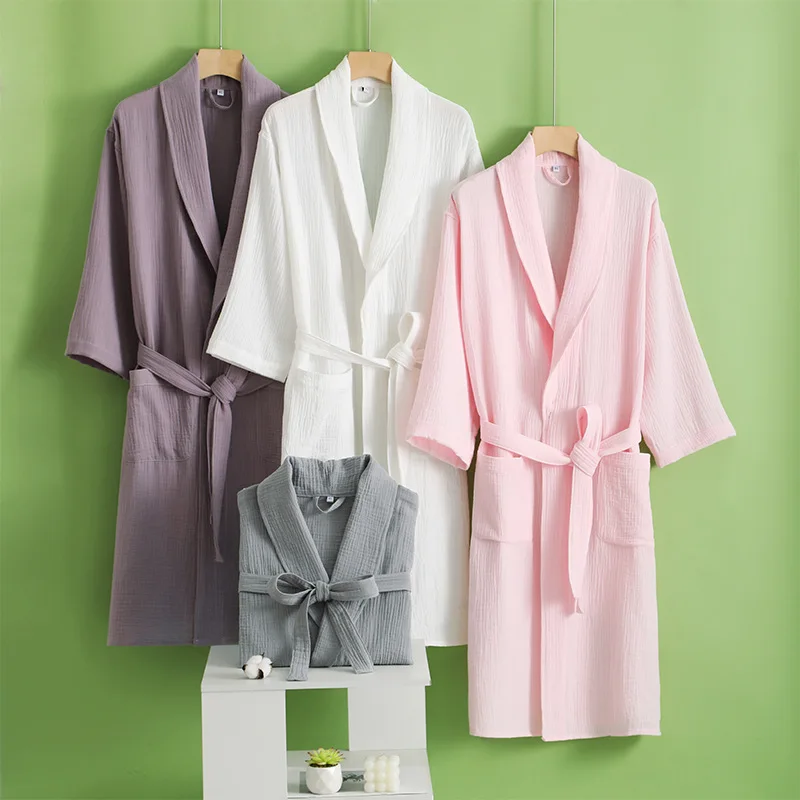

Crape Cotton Kimono Robe Women's Nightwear Bathrobes With Belt Sleepwear Muslin Men's Home Clothes Loose Solid Hotel Robes