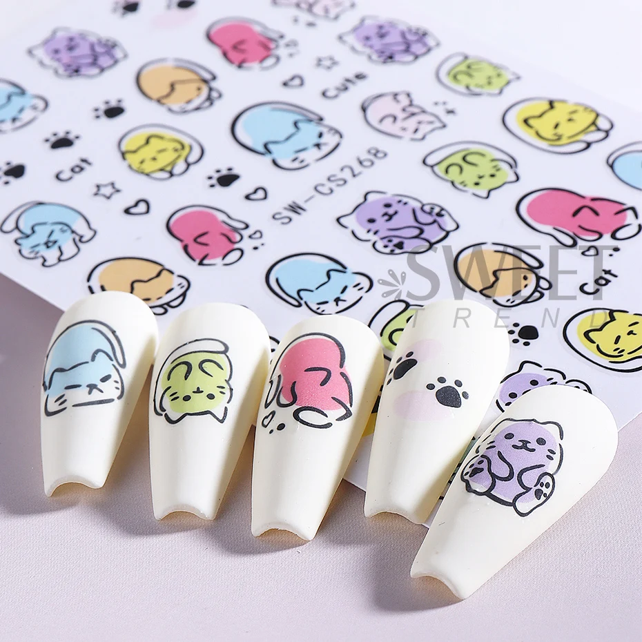 2pcs Cartoon Black Cat Nail Stickers 3D Graffiti Cute Cat Stars Musical Notes Design Nail Decals Sliders Y2K Manicure Decoration