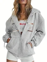 Sweat à capuche pour femme – Cozy marron zippé avec imprimé blanc, sweat-shirt décontracté à manches longues, épaules tombantes, coupe décontractée, hiver W 3