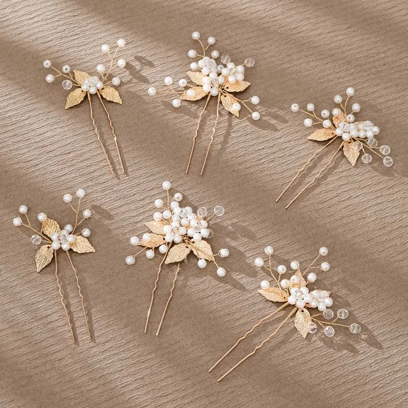 여성용 모조 다이아몬드 꽃 머리핀, 금속 합금 잎 헤어 클립, 웨딩 쥬얼리 선물, 골드 컬러 신부, 헤어 액세서리, 6 개