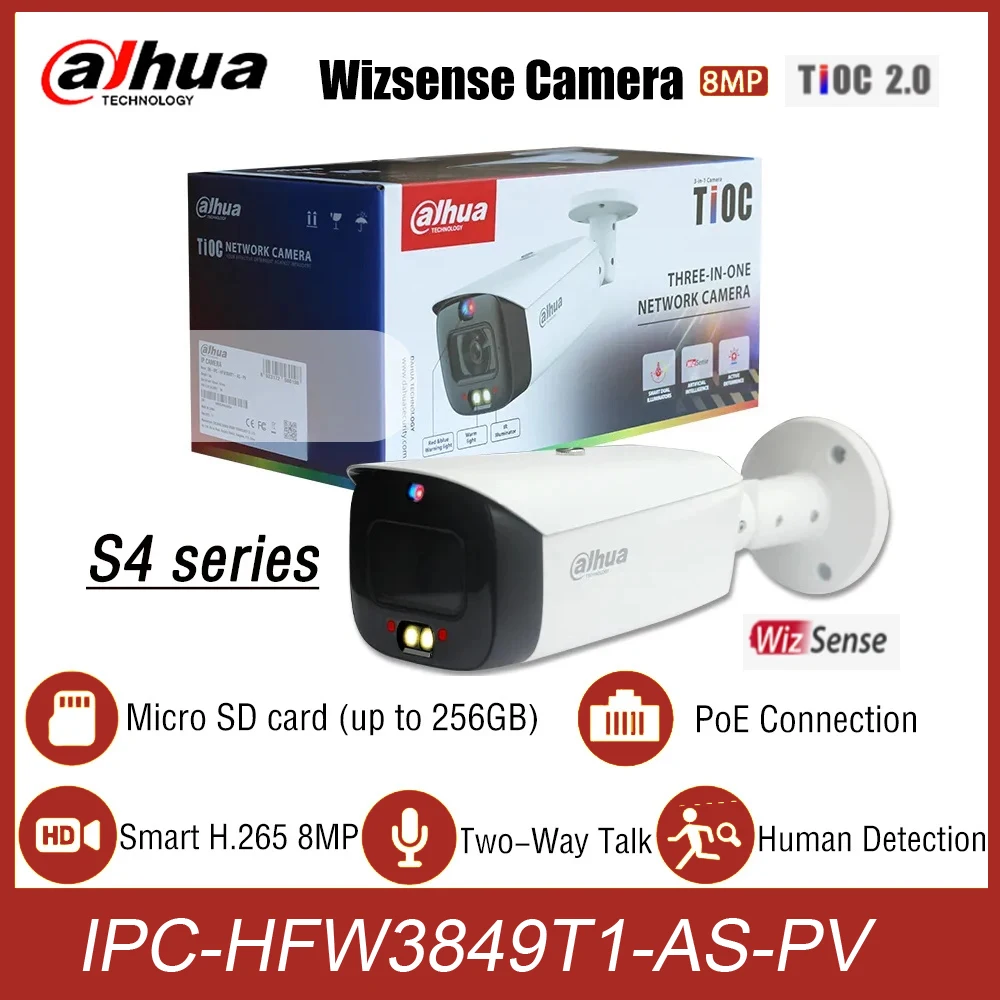 

Dahua Network PoE Camera IPC-HFW3849T1-AS-PV 8MP 4K Smart Dual Light Active Deterrence Bullet IP Camera WizSense Two-Way Talk S4