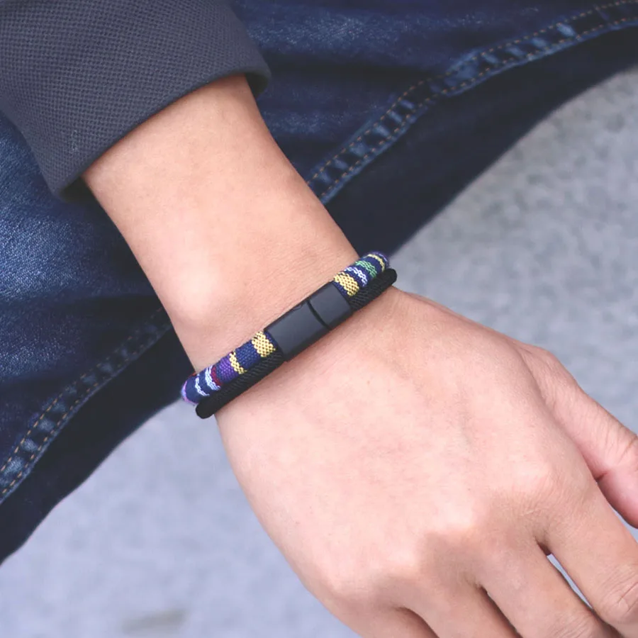 Ethnic Fabric Bilayer Bracelet For Men With Magnet Buckle