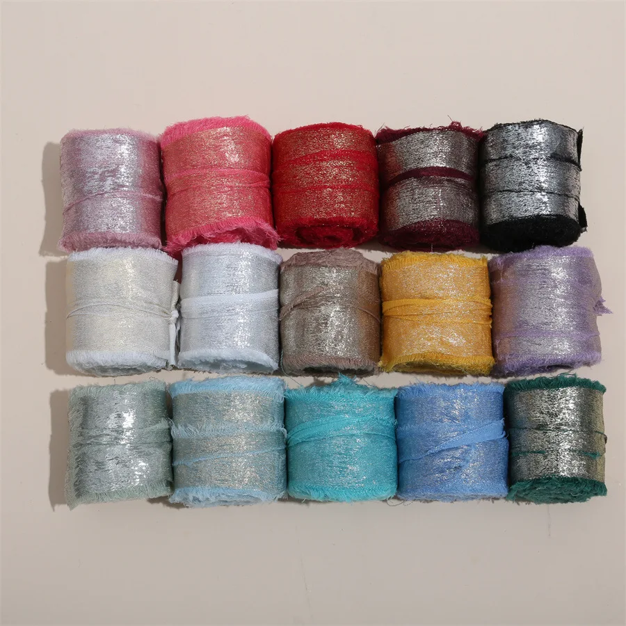 Luxurious Frayed Edged Satin Ribbon with Bronzing - 5 Yards for Elegant Crafts & Special Occasions