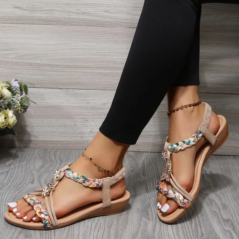 

Women Fashion Bohemian Sandals Summer 2023 Flower Non Slip Beach Sandalias Mujer Elastic Band Low Heels Roman Shoes Woman