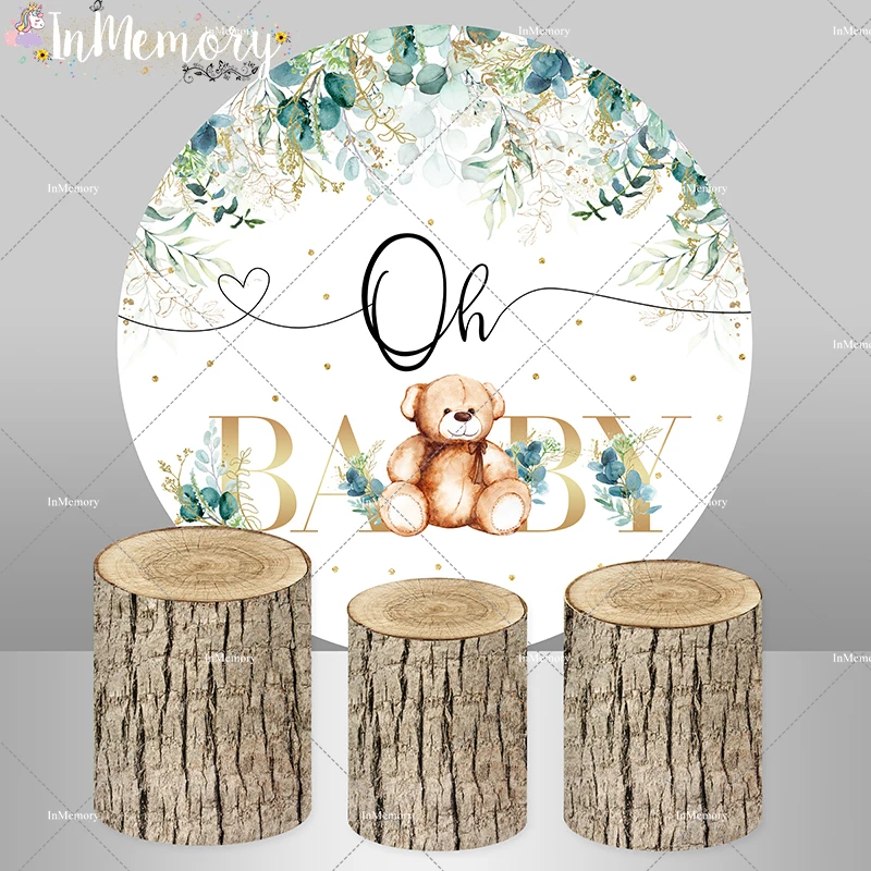 

Greenery Leaves Newborn Baby Shower Round Backdrop Custom Wood theme Plinth Cover Bear Circle Background Photocall Cover Elastic