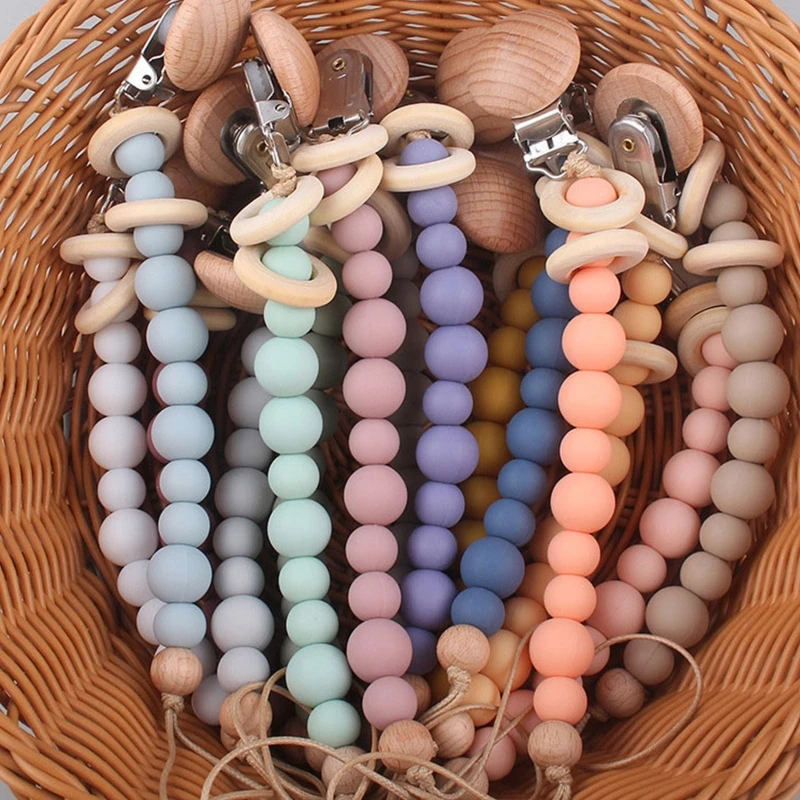 Baby Pacifier Chain Clip Nursing Teether Soother Holder Silicone Beads Chain Wooden Clip DIY Dummy Nipple Holder Leash teething toys pacifier clip pacifier chain