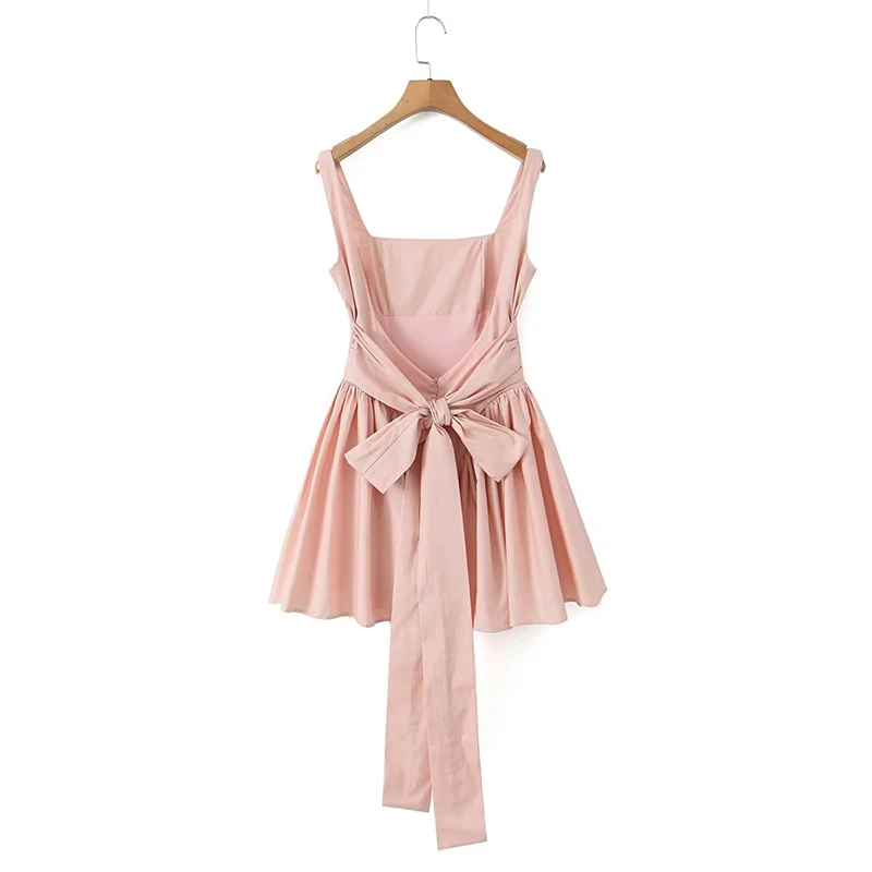 Women Sweet Tie Bow Sashes Sexy Backless Dress Waist Spliced Pleated Swing Party Mini Robe