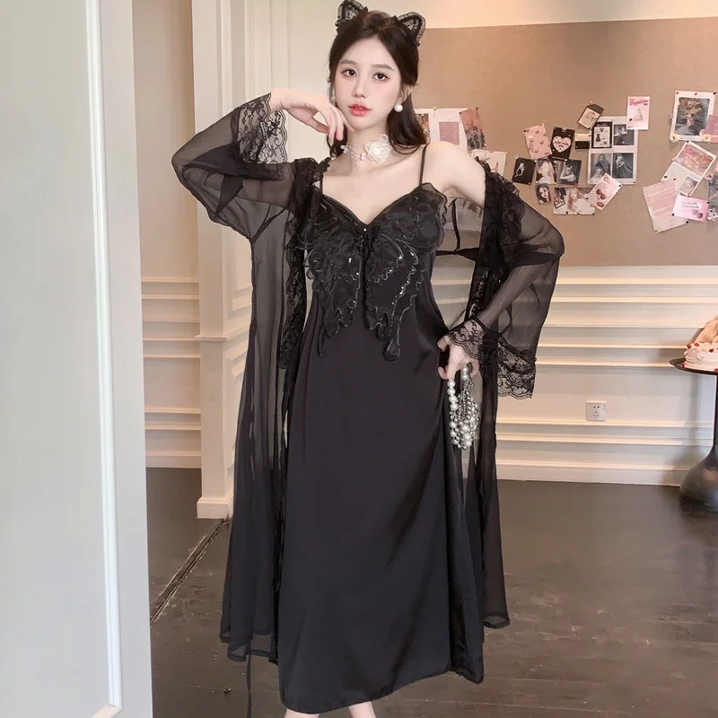 Summer New Arrival Chiffon Bathrobe With Ice-silk Nightdress Set Robe Gown Sets Fashion Women's Sweet Elegant Fairy Sleepwear