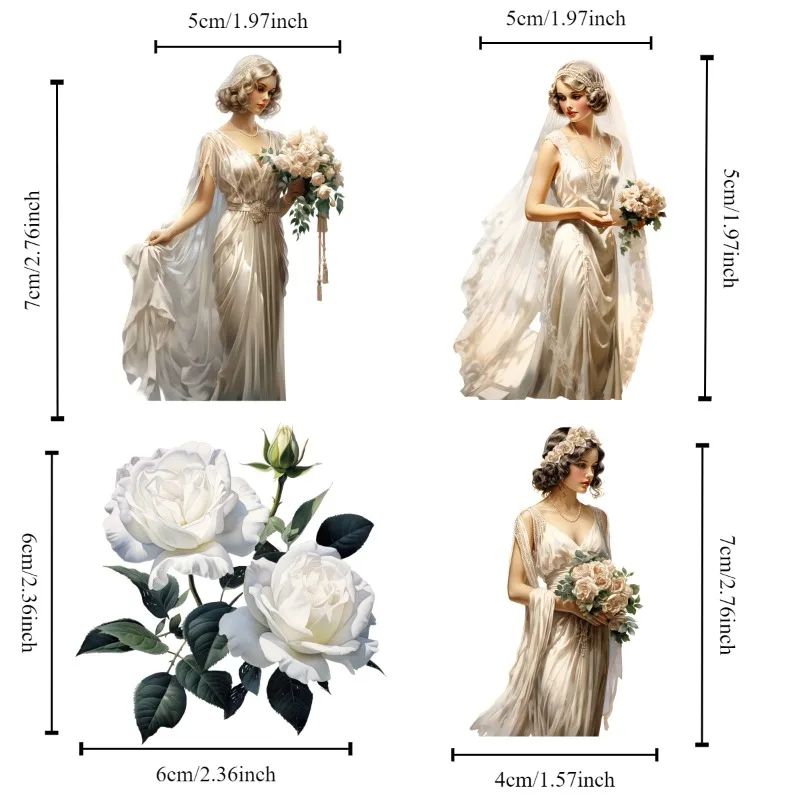 14 Stück europäische Retro-Aufkleber mit weißen Hochzeitskleidern und Blumen für Mädchen, Scrapbooking, dekorativ/DIY-Bastelarbeiten, Fotoalbum, Tagebuch – Detail 2