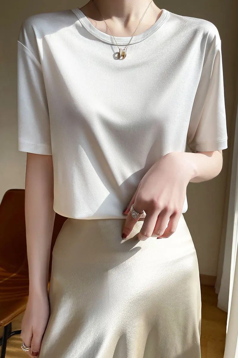 

Женская футболка с круглым вырезом, однотонная Элегантная удобная офисная футболка, лето 2024