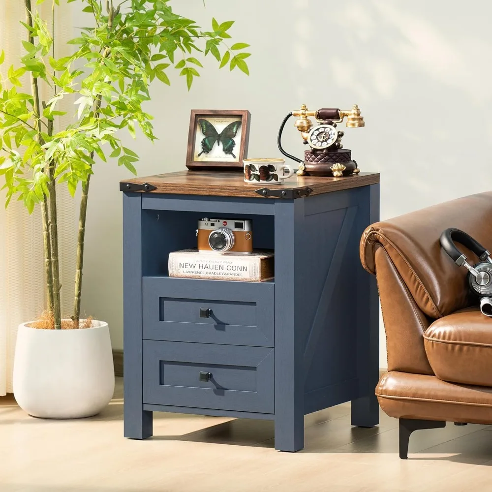 Nightstand with Charging Station, Farmhouse Night Stand with 2 Drawers and Shelf Storage, Blue Wooden Side End Table, Bedside Ca