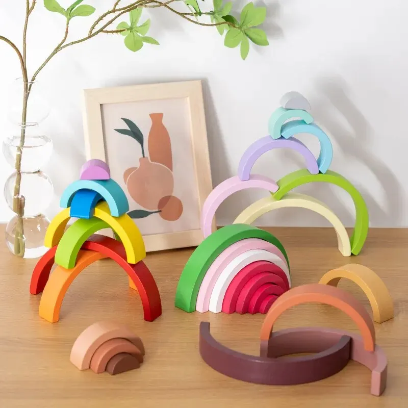 Wood Rainbow Stacking Toy Cognitive Early Educational Building Blocks Rainbow Tower Wooden Stacking Toy For Kids Gifts