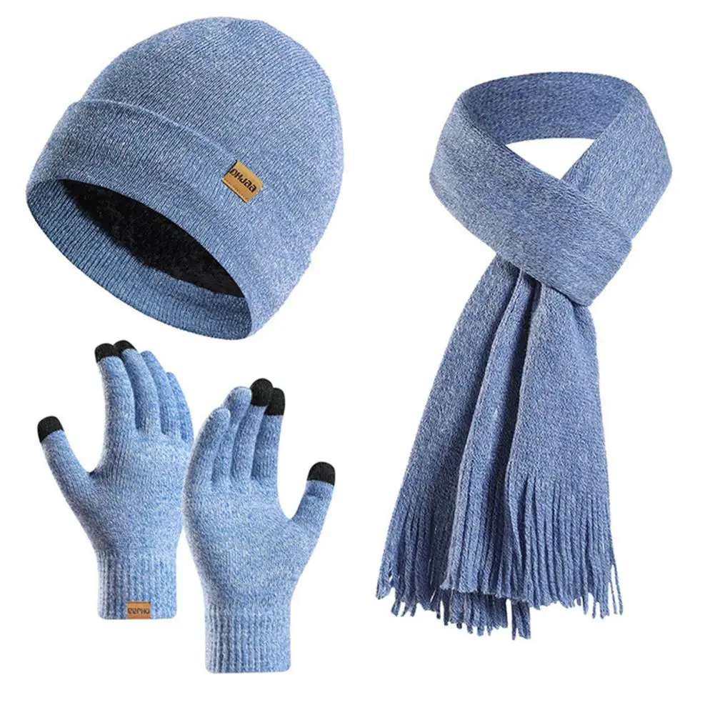 Winter Hat Scarf Gloves Set Thick Knitted Soft Warm Ear Protection Windproof Outdoor Thermal Cap Scarf Touch Screen Gloves Set
