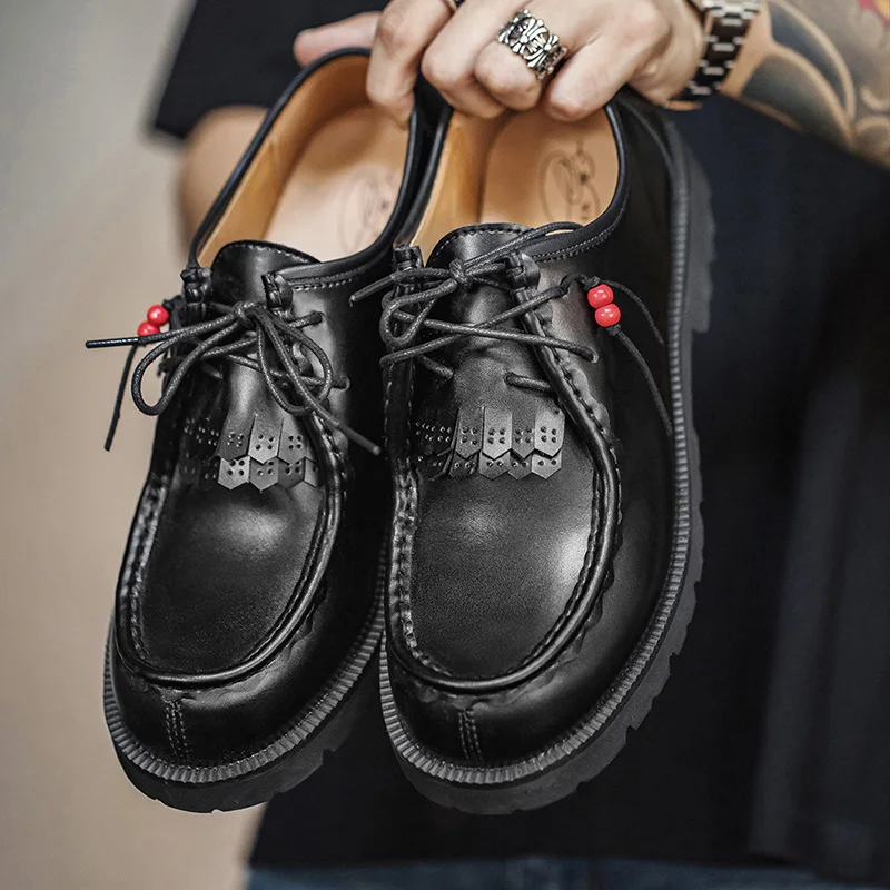 

Maden Men's Bright Black Kangaroo Shoes 2023 New Work Dress Shoes Mailman Shoes Retro Casual Small Leather Shoes