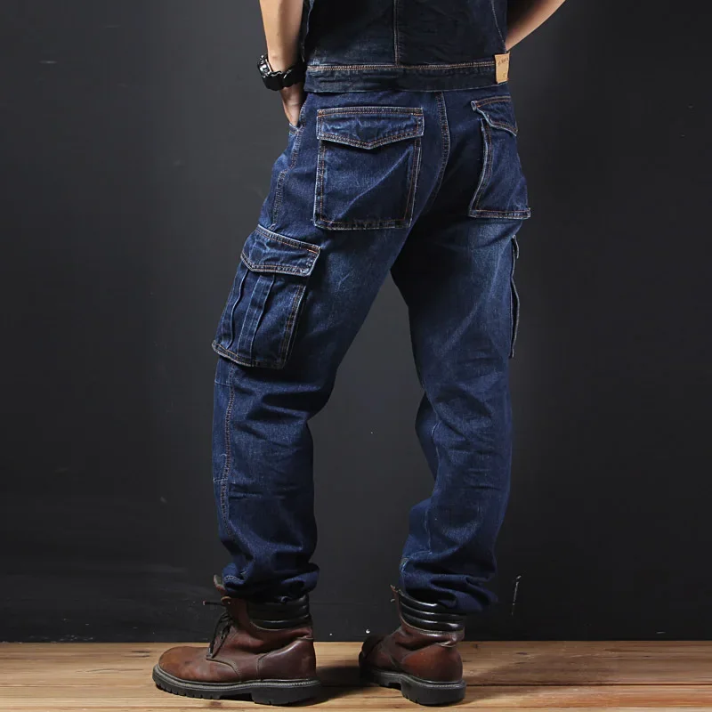 Men's Autumn/Winter Multi-Pocket Straight-Leg Cargo Pants Loose Fit Plus Size Beefy Jeans Casual Denim Trousers denim pants denim trousers cargo jeans