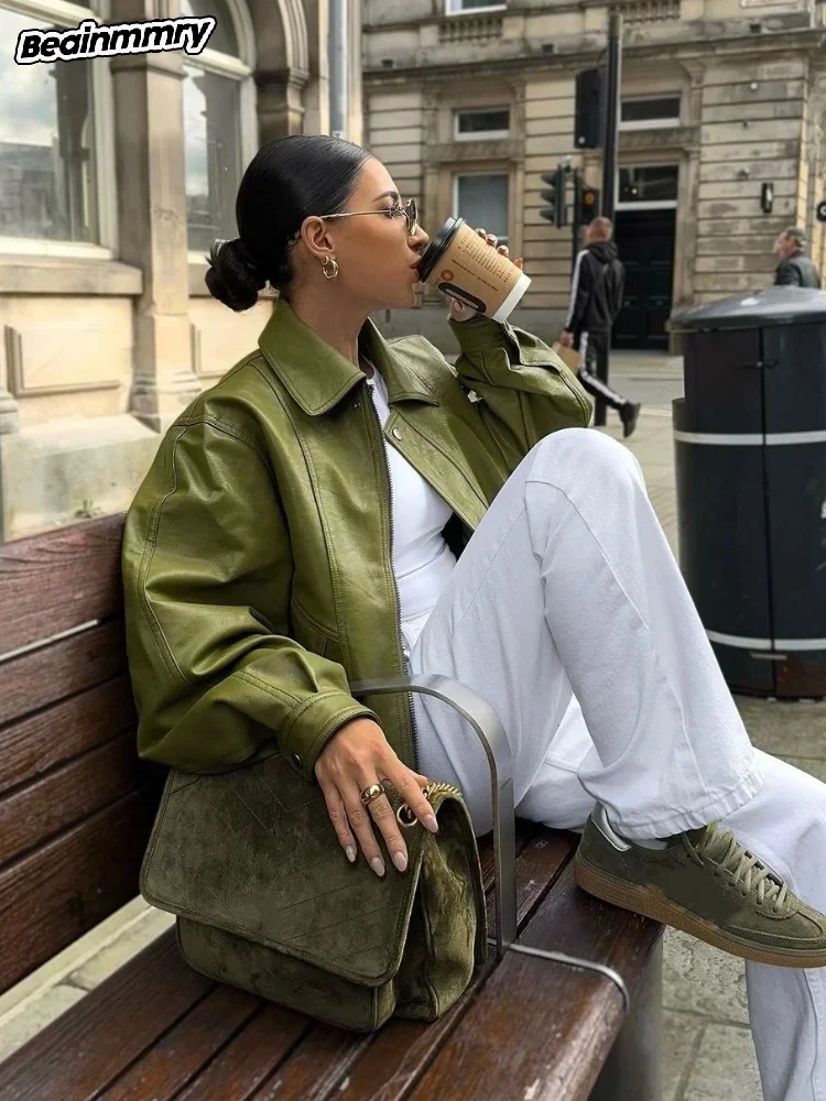 Fashion Green Leather Sleeve Loose Jacket Women Chic Laple Zipper Cropped Short Coats 2024 New Lady Casual High Street Outerwear 3