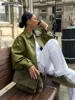 Fashion Green Leather Sleeve Loose Jacket Women Chic Laple Zipper Cropped Short Coats 2024 New Lady Casual High Street Outerwear 3