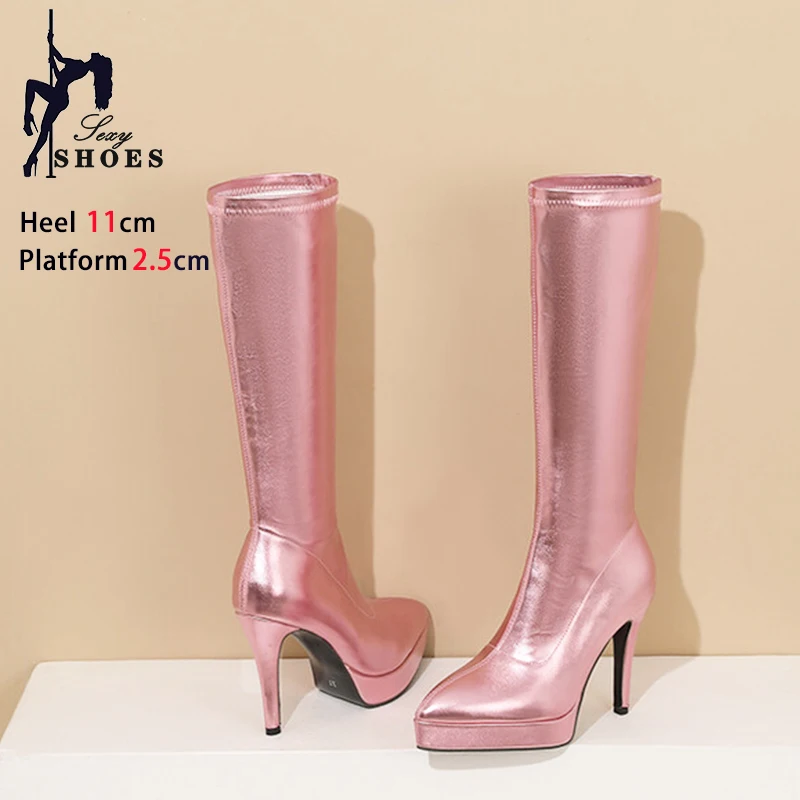 Gold Platform Boots Elastic Patent Leather Lady Pointed Toe High Heels 11CM Slim Leg Mid Boots Large Women Spring Autumn Shoes
