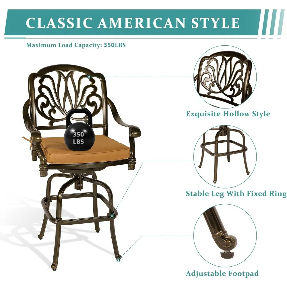 5-Piece Patio Swivel Bar Set, All-Weather Cast Aluminum Outdoor High Bar Stool Bistro Set for Backyard Garden with 4 Cu 3