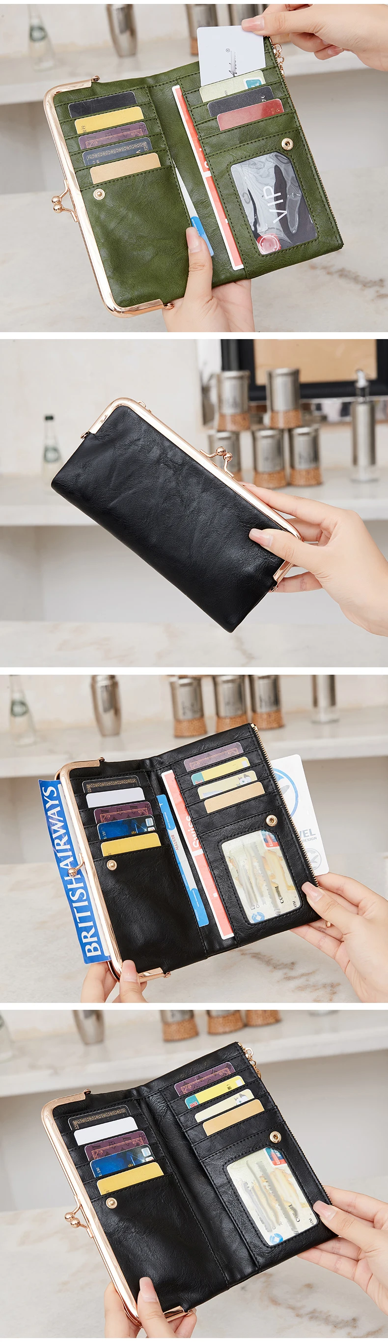 Vintage Kiss-Lock Lange Damen-Geldbörse Einfarbig Multifunktionale Reißverschluss-Geldbörse Minimalismus Doppelfalt Großraum-Handtasche – Detail 4