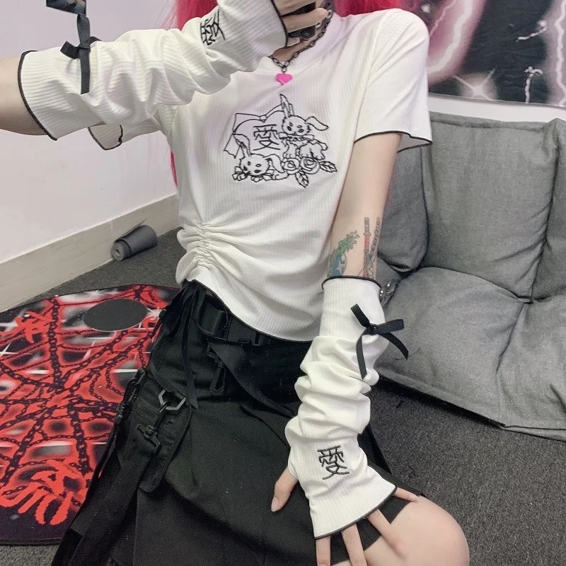 

Gothic Top Women's 2022 New Summer Casual Tshirts Ins Design Feel Drawcord Sleeve Loose Bf Short Sleeve T-shirt
