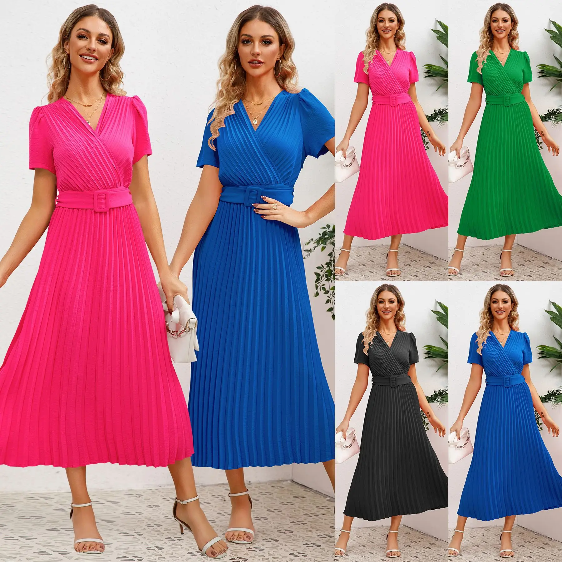 

Pleated waist slimming women's summer new V-neck dress long pleated skirt