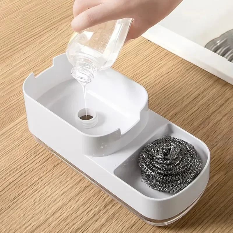 3 In 1 Kitchen Soap Dispenser Liquid Soap Pump Container with Sponge Holder Bathroom Countertop Sink Drain Tray