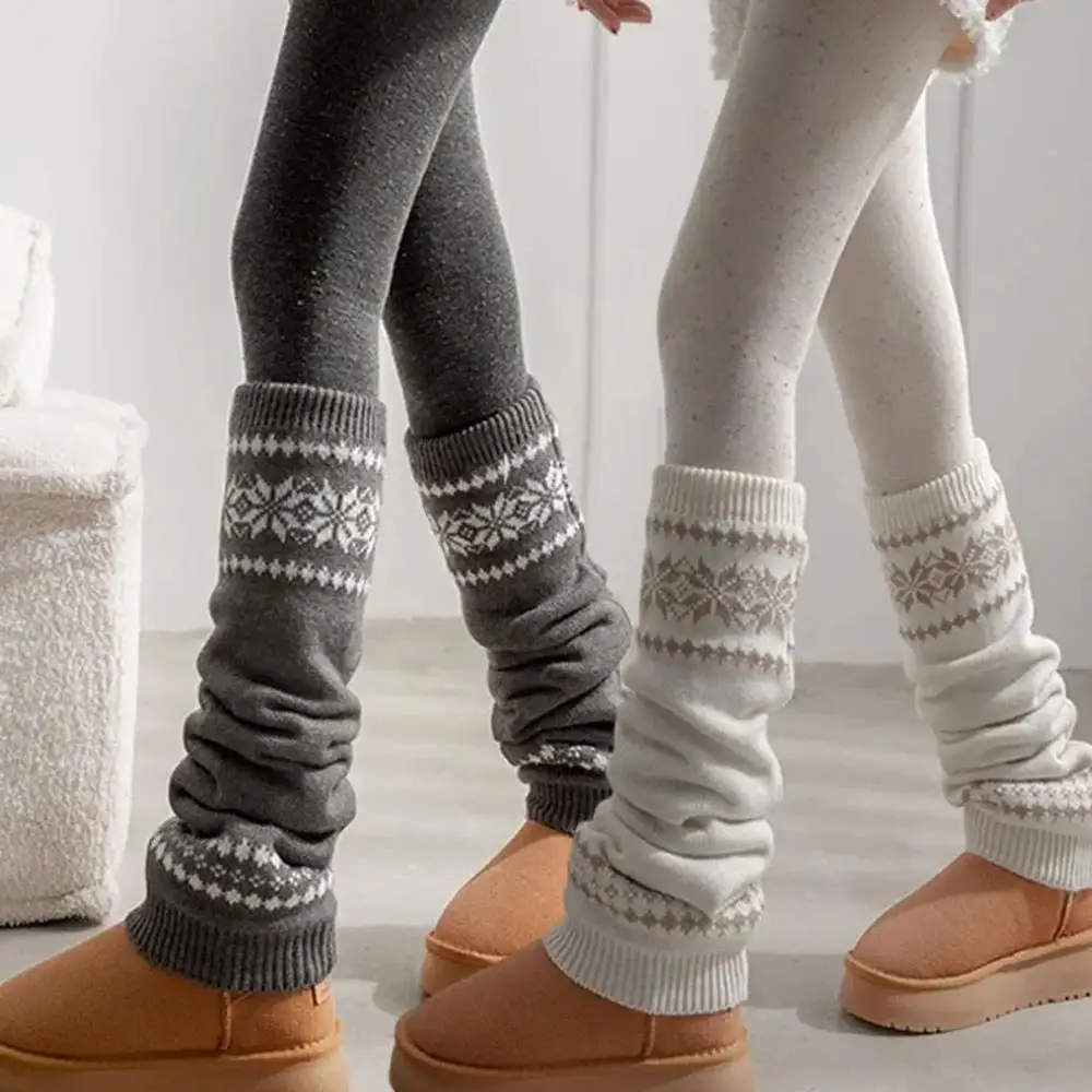 Chaussettes coréennes pour femmes, automne et hiver, piles de chaussettes, tricot épais, flocons de neige, couvre-mollet gris fin et chaud, couvre-jambes chauds