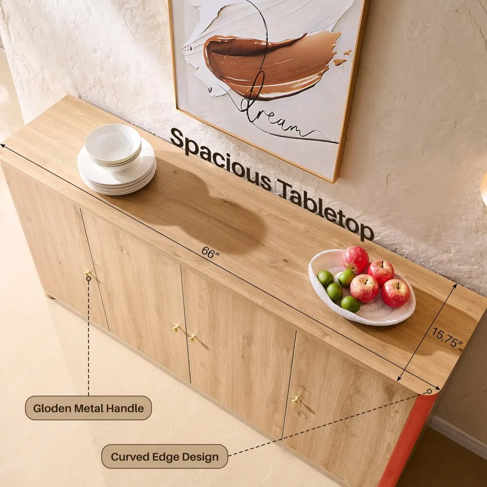 Curved Buffet Cabinet with Doors, 66" Large Sideboard Buffet Storage Cabinet with 4 Doors and Shleves 5