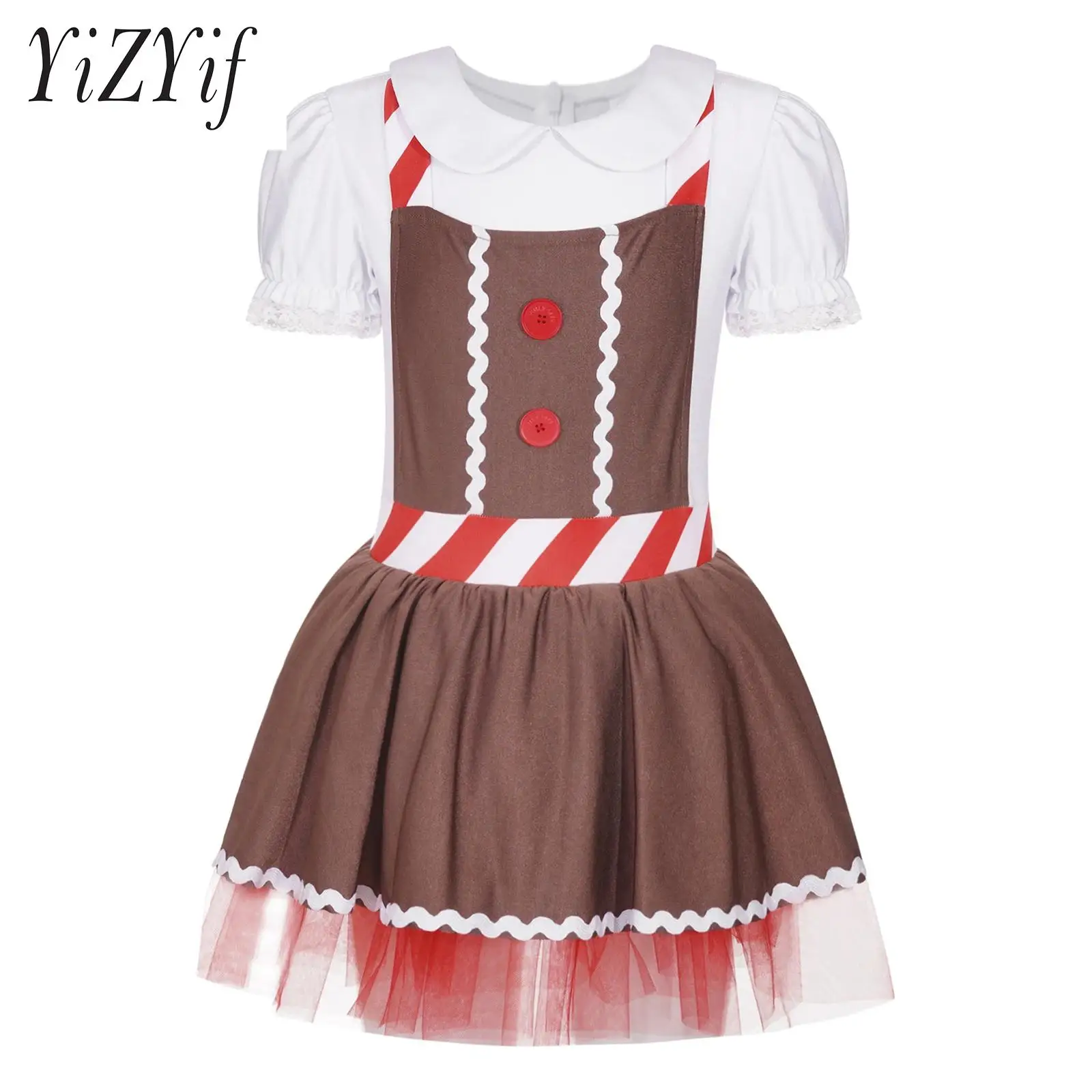 

Kids Girls Gingerbread Man Dress-Up Stripes Ruffled Tutu Leotard Dance Dress Party Wear