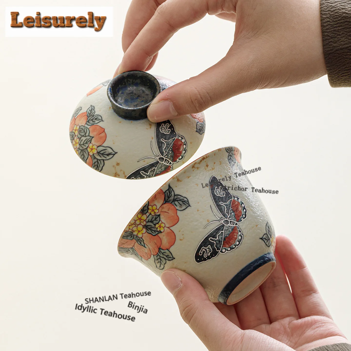 150ml Caramel Glaze Peach Butterfly Gaiwan Traditional Tea Tureen Tea Bowl With Lid Kit Tea Making Cover Bowl Tableware Ornament