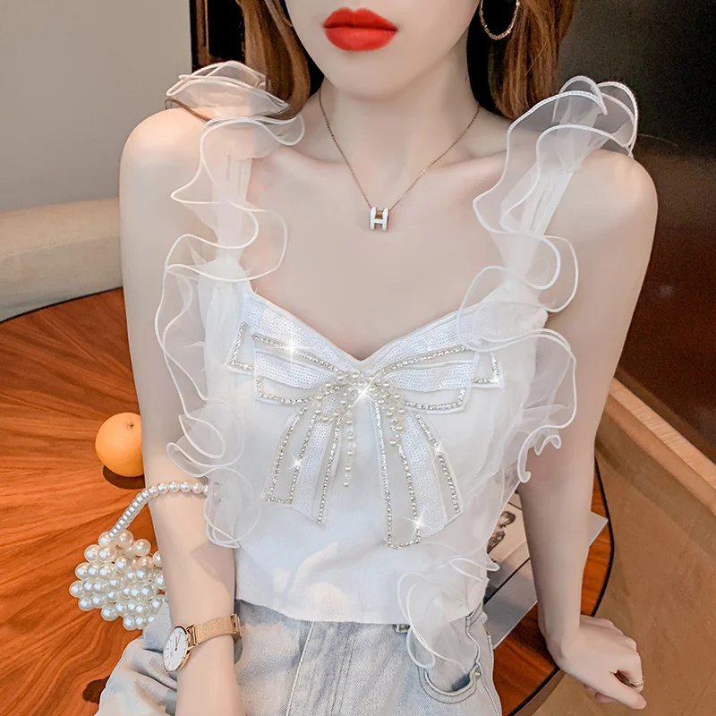 #5324 Black White Knitted Crop Top Women Tight Stretch Tank Tops Spliced Gauze Sexy Tops For Women Clubwear Bow Backless Summer