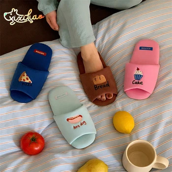 XIXITIAO Pizza Embroidery Indoor Floor Slippers for Women Men Spring/Summer Open-Toe Home Soft-Soled Quiet Cotton Slippers