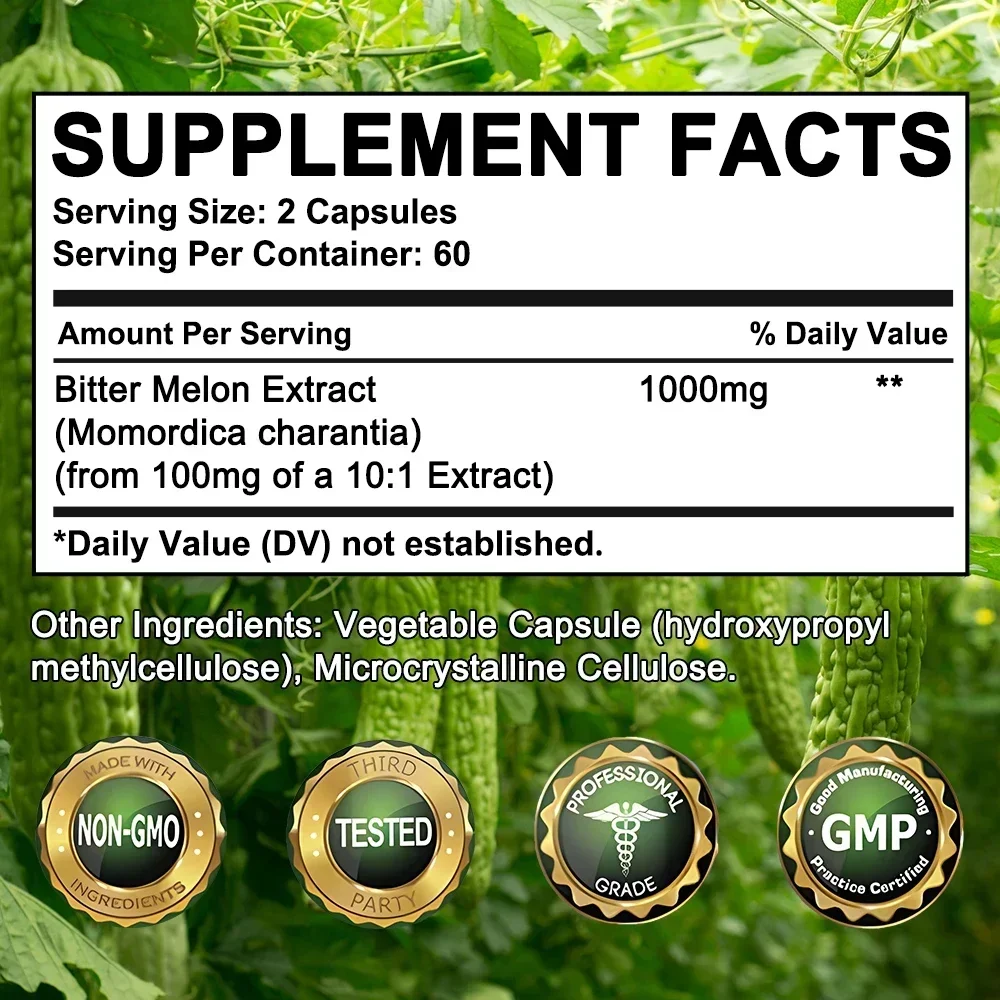 Bitter Melon 1000mg Capsules Supports Healthy Blood Pressure and Cholesterol Glucose Levels