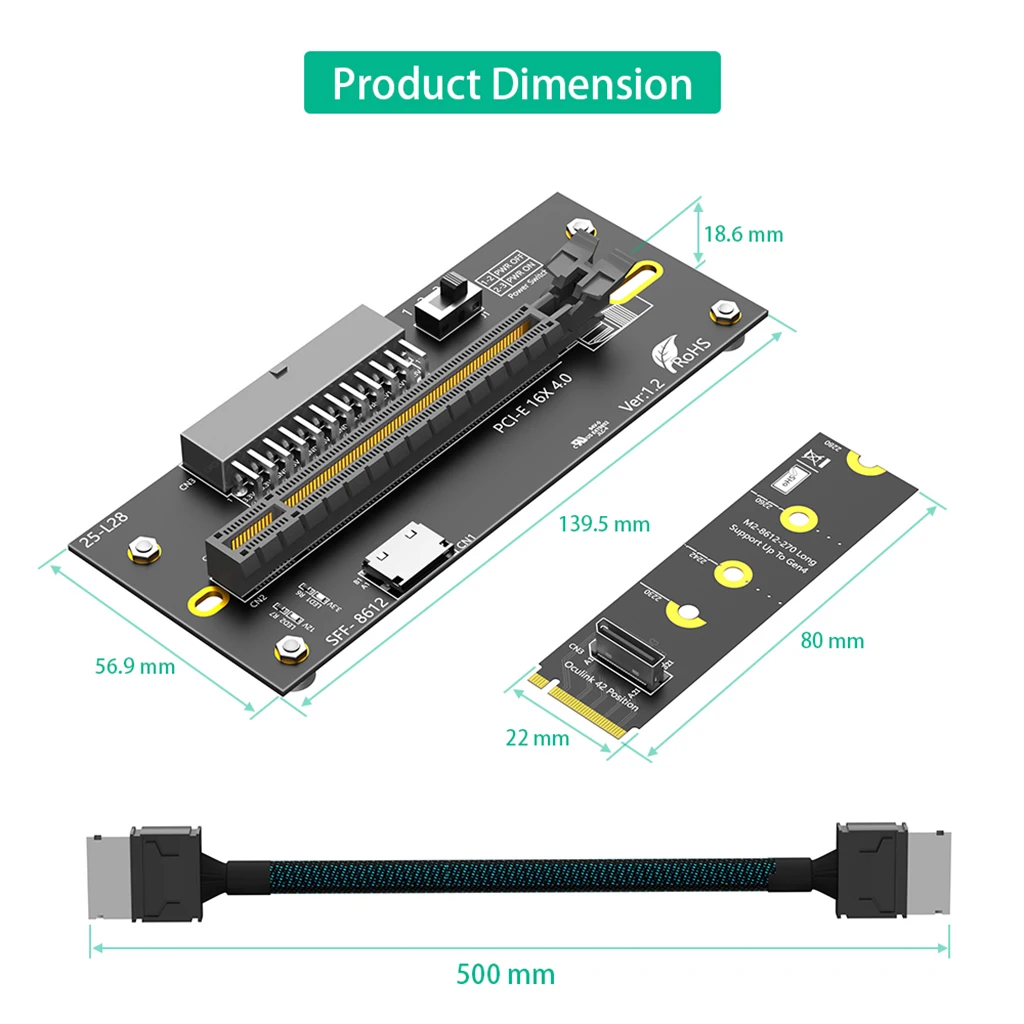 M.2 M-Key 2230/2280 zu PCIe 4.0 X16 mit Oculink SFF-8612/8611 Verlängerungskabel als externe Grafikkarte PWR ATX 6PIN/ATX 24PIN – Detail 26
