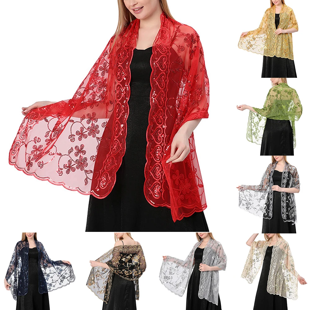 

Sequin Embroidered Shawl For Women 60*190cm Solid Color Hollow Out Party Scarves Ladies Glitter Long Scarf Dress Wedding Shawls